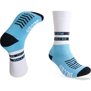 Crew woven bamboo work socks in blue and white, featuring black accents and a branded logo.
