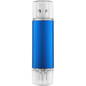 A blue double-end flash drive with a transparent casing and USB connectors on both ends.