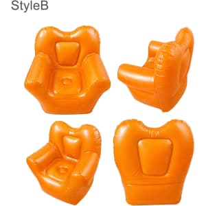 An orange inflatable chair with a rounded design, featuring armrests and a cushioned seat. It has a logo.