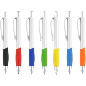 A selection of plastic pens featuring creamy white barrels with various coloured grips: black, red, blue, green, yellow, and orange.
