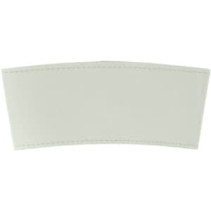 A leather cup sleeve in a pale grey colour, featuring stitching and a smooth finish. It has a logo.