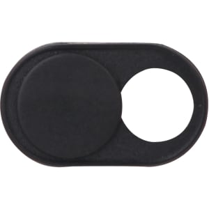 A black mini webcam cover featuring a sliding mechanism to open and close the lens.