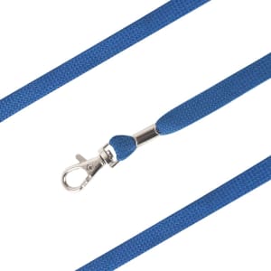 A blue bootlace lanyard with a metal clip, featuring a textured fabric design. It includes a logo.