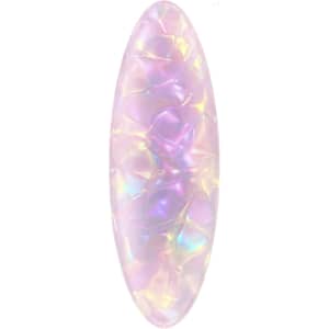 An oval iridescent hair clip, featuring shades of pink and purple with a textured surface. It has a logo visible on it.