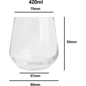 A clear, stemless wine glass with a capacity of 420ml and measurements of 93mm height and 95mm diameter.