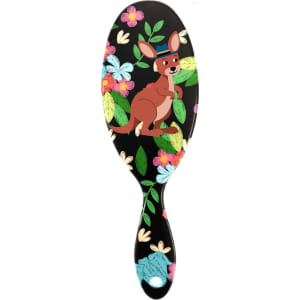 A custom hair brush featuring a cartoon kangaroo on a floral black background. It has a glossy finish and a rounded handle.