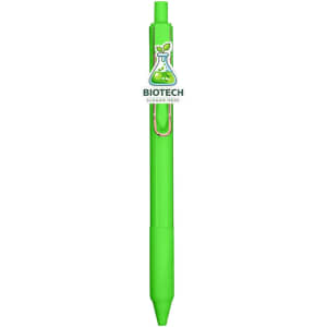 A bright green acrylic pen with a clip and a logo on the barrel.