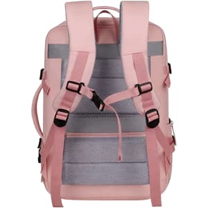 A pink expandable travel backpack with grey accents and adjustable straps, featuring breathable mesh design. It has a logo.