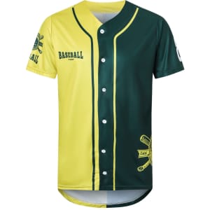 A yellow and green men's baseball jersey with a full-button front and a logo on the sleeve.