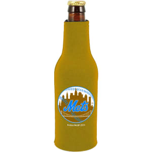 A drink bottle is wrapped in a yellow zippered cooler with a logo and a bottle cap on top.