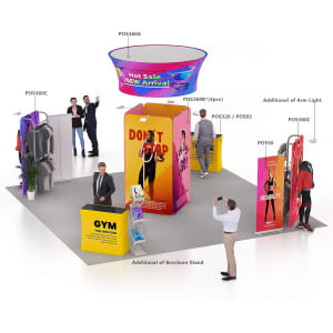 A 1.5m x 3m straight tension fabric display wall in vibrant colours, featuring a logo and a promotional design.