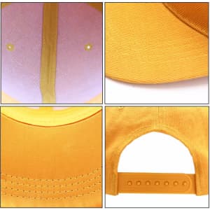 A yellow 6-panel trucker cap with a purple top, showcasing stitching details and an adjustable back strap.