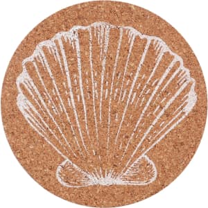 A round cork coaster featuring a white shell illustration on a natural cork background.