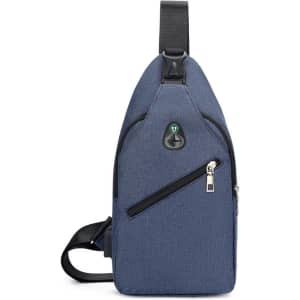 A blue travel sling chest bag featuring a front zip pocket and an adjustable strap. It has a logo on the front.