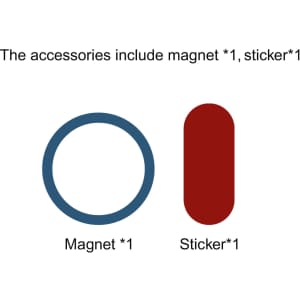 A round blue magnet and a rectangular red sticker are featured in the image as accessories.