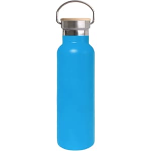 A drink bottle in bright blue with a bamboo lid and stainless steel accent, featuring a handle for easy carrying.