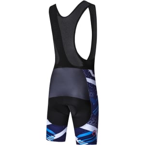 Men's sublimated cycling bib shorts featuring a black and blue design with a mesh back and padded seat.