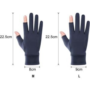 Two pairs of sun protective gloves in navy blue, featuring two open fingers. Dimensions for medium and large sizes are included.