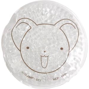 A transparent gel cold/hot pack featuring a cute bear face design, with a textured surface and a logo.