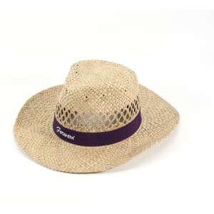 A straw cowboy hat in a natural colour with a purple band and a logo.