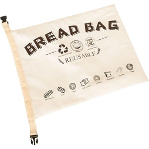 A reusable linen bread bag in cream, featuring a logo and various icons related to its use.