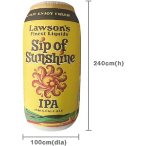 An inflatable can in yellow with decorative elements, featuring a brand logo and product name. Dimensions: 240cm height, 100cm diameter.