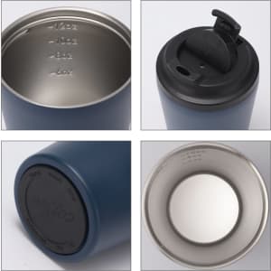 A powder-coated stainless steel coffee mug in navy blue, featuring a lid and measurement markings inside.