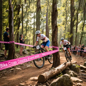 Two cyclists racing in a forested area, with pink promotional barrier tape marking the trail. Spectators can be seen in the background.