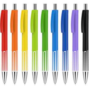 A collection of ten colourful plastic pens, featuring red, orange, yellow, green, blue, purple, and black barrels, each with a logo.