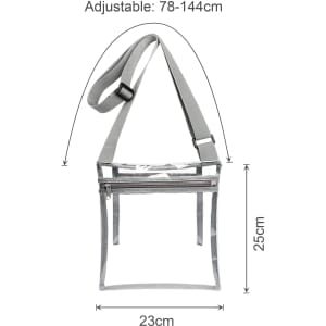 A PVC clear crossbody bag in grey, featuring an adjustable strap and inner pouch. Dimensions: 23cm x 25cm.