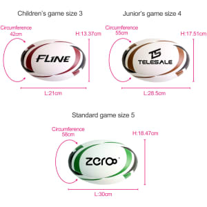 A set of rugby balls in various sizes, featuring white, brown, and green colours, each with distinct logos.