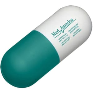 A capsule-shaped stress reliever in teal and white, featuring a logo.