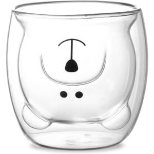 A double wall glass in a clear finish, featuring a bear face design with black accents and a logo.