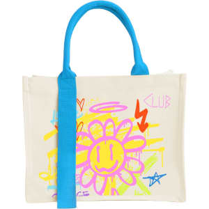 A cream tote bag with a bright blue handle, featuring a colourful, graffiti-style flower design and a logo.