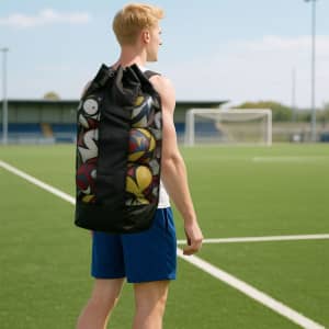 A drawstring mesh ball bag in black, featuring colourful graphics, being carried by a person on a sports field.