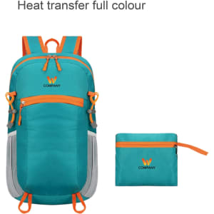 A packable hiking backpack in teal with orange accents, neatly folded into a compact pouch. Features a logo.