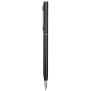 A sleek black aluminium cross pen with a silver clip and tip. It features a minimalist design and has branding.