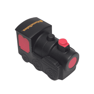 A black and red locomotive-shaped stress reliever with a logo on top.
