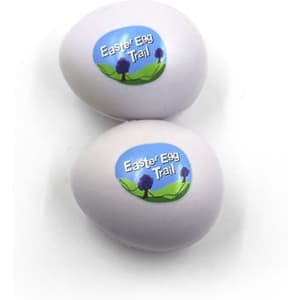 Two white egg-shaped stress relievers with a logo featuring a scenic design.