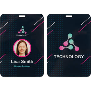 An acrylic name tag featuring a dark background, a photo placeholder, and a logo with pink and green accents.