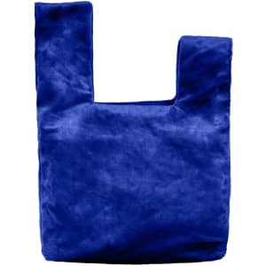 A velvet wrist bag in a vibrant blue colour with a unique knot design and a logo.