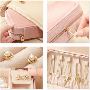 A velvet jewellery box in cream and pink with compartments, showcasing earrings and storage for various accessories.
