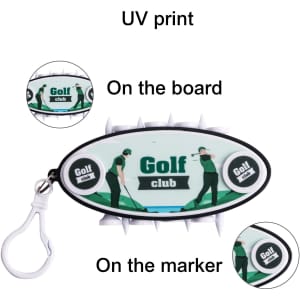 A golf tee set featuring a black and white design with green accents, including a clip for easy attachment.