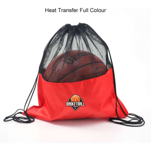 A red drawstring mesh backpack with a basketball partially visible inside. The bag features a logo.
