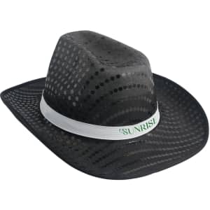 A black sequin cowboy hat with a white band featuring a logo.