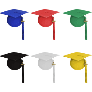 A collection of six mortarboard graduation caps in blue, red, green, black, white, and yellow, each with a tassel.