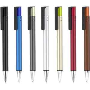 A collection of metal pens in various colours including black, blue, green, silver, red, and brown, with clips and logos.