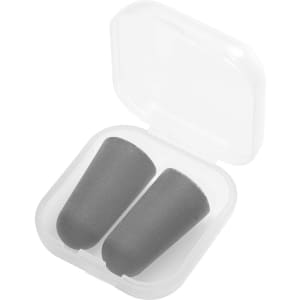 A pair of grey ear plugs stored in a clear plastic case.