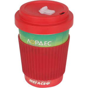 A reusable bamboo coffee cup in red with a screw lid and a textured grip. Features branding.