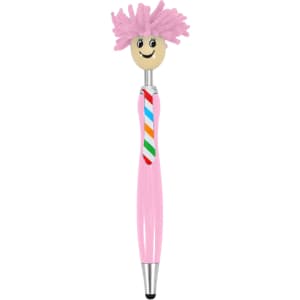 A pink pen featuring a smiling character head with pom-pom hair and a colourful striped tie. It has a branding logo.